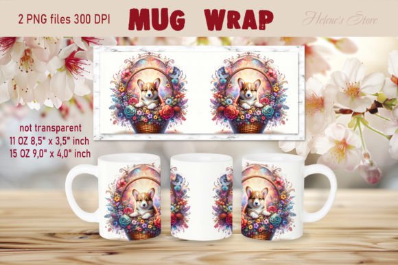 Corgi Dog in Flowers Basket Mug Wrap PNG